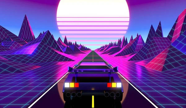 Retro Violeta Rosa Design Futurista Dos Anos Carro Uma Estrada — Fotografia de Stock