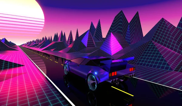 3Dバイオレットとピンクのレトロ 未来的な80年代のデザイン 道路上の車 — ストック写真