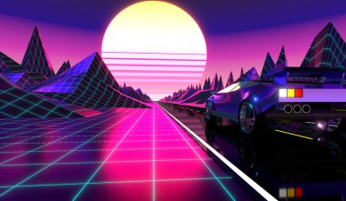 3D menekşe ve pembe retro, gelecekten gelen 80 'ler tasarımı - yolda araba