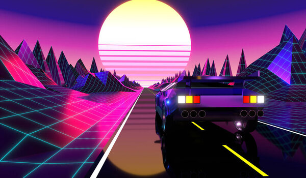 3D violet and pink retro, futuristic 80's design - car on a road