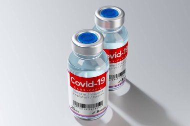 İki covid-19 / SARS-CoV-2 / coronavirus aşısı ampulü gri arka planda izole edildi - 3D illüstrasyon