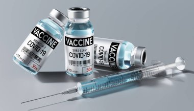 Covid-19 / SARS-CoV-2 / coronavirus aşı ampulleri ve şırınga - 3D illüstrasyon