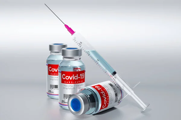 Tři Kovid Sars Cov Koronavirové Vakcinační Ampulky Injekční Stříkačka Ilustrace — Stock fotografie