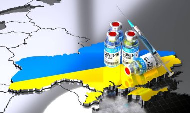 Ukrayna 'da Covid-19 / SARS-CoV-2 / Coronavirus aşısı - ülke şekli, ampuller, şırınga - 3D illüstrasyon