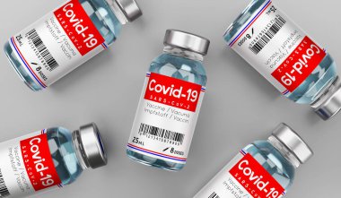 Covid-19, SARS-CoV-2, koronavirüs aşısı ampulleri gri arka planda izole edildi - 3D illüstrasyon