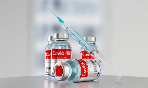 Covid Sars Cov Hætteglas Med Coronavirus Vaccine Sprøjte Illustration - Stock-foto