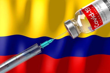 Covid-19, SARS-CoV-2, Kolombiya 'da koronavirüs aşısı programı, şişe ve şırınga - 3 boyutlu illüstrasyon
