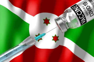Covid-19, SARS-CoV-2, Burundi 'de koronavirüs aşısı programı, şişe ve şırınga - 3 boyutlu illüstrasyon