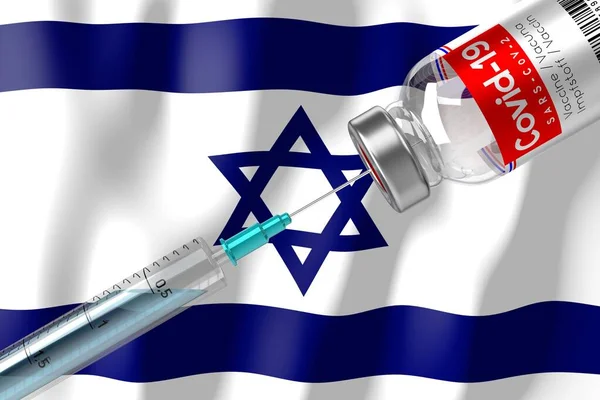 Covid-19, SARS-CoV-2, Coronavirus aşı programı İsrail 'de, şişe ve şırınga - 3D illüstrasyon