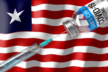 Covid-19, SARS-CoV-2, Liberya 'da koronavirüs aşısı programı, şişe ve şırınga - 3 boyutlu illüstrasyon