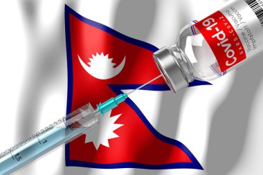 Covid-19, SARS-CoV-2, Nepal 'de koronavirüs aşısı programı, şişe ve şırınga - 3 boyutlu illüstrasyon
