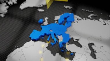 Avrupa Birliği haritası ve bayrağı, dönen yıldızlar - 4K animasyon (3840x2160 px), 3D görüntüleme.