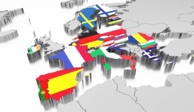 Avrupa Birliği konsepti, uluslararası bayraklar - 3D illüstrasyon