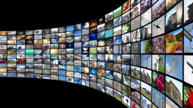 Wall of screens, many images - great for topics like broadcasting tv channels or movies over the Internet, communication, entertainment etc - loopable digital animation - 4K animation (3840x2160 px), 3D rendering.