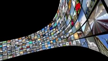 Wall of screens, many images - great for topics like broadcasting tv channels or movies over the Internet, communication, entertainment etc - loopable digital animation - 4K animation (3840x2160 px), 3D rendering.