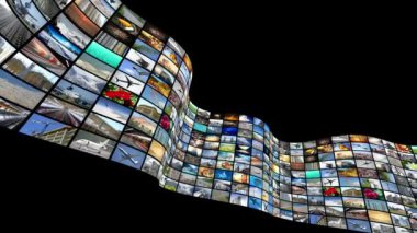 Wall of screens, many images - great for topics like broadcasting tv channels or movies over the Internet, communication, entertainment etc - loopable digital animation - 4K animation (3840x2160 px), 3D rendering.
