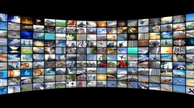 Wall of screens, many images - great for topics like broadcasting tv channels or movies over the Internet, entertainment etc - loopable digital animation - 4K animation (3840x2160 px), 3D rendering.