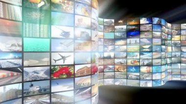 Wall of screens, many images, rays of light - great for topics like broadcasting tv channels or movies over the Internet, communication, entertainment etc - loopable digital animation - 4K animation (3840x2160 px), 3D rendering.