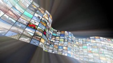 Wall of screens, many images, rays of light - great for topics like broadcasting tv channels or movies over the Internet, communication, entertainment etc - loopable digital animation - 4K animation (3840x2160 px), 3D rendering.