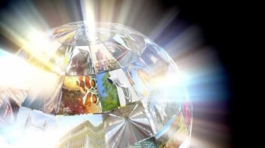 Sphere with many images, screens, rays of light - great for topics like broadcasting tv channels or movies over the Internet, communication, entertainment etc - loopable digital animation - 4K animation (3840x2160 px), 3D rendering.