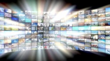 Wall of screens, many images, rays of light - great for topics like broadcasting tv channels or movies over the Internet, communication, entertainment etc - loopable digital animation - 4K animation (3840x2160 px), 3D rendering.