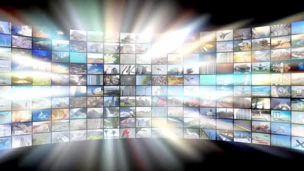 Wall Screens Many Images Rays Light Great Topics Broadcasting Channels — Αρχείο Βίντεο