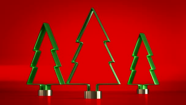 Tre Alberi Natale Geometrici Che Ruotano Intorno Isolati Sfondo Rosso — Video Stock