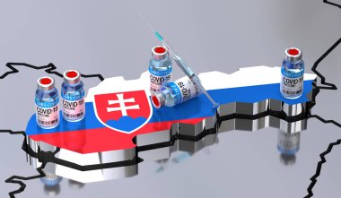 Slovakya 'daki Covid-19 / SARS-CoV-2 / Coronavirus aşısı - ülke şekli, şişeler, şırınga - 3D illüstrasyon