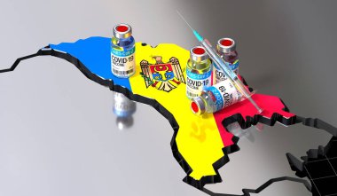 Moldova 'da Covid-19 / SARS-CoV-2 / coronavirus aşısı - ülke şekli, şişeler, şırınga - 3D illüstrasyon