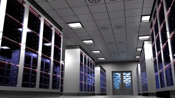 Datacenter Med Många Rackservrar Stående Rad Hosting Lagringskoncept Animation 3840X2160 — Stockvideo