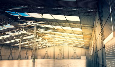 Çatı pencereleri ve birkaç sütunu olan boş bir depo - 3 boyutlu illüstrasyon