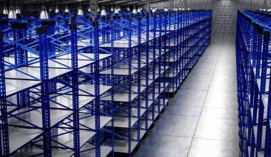 Boş rafları olan depo - 3 boyutlu illüstrasyon