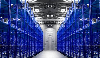 Boş rafları olan depo - 3 boyutlu illüstrasyon