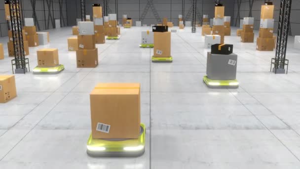 Yellow Autonomous Robots Transporting Packages Warehouse Artificial Intelligence Logistics Shipping — Stock Video