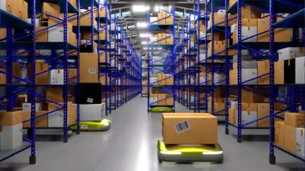 Autonomiczne Roboty Poruszające Się Półkach Regałowych Pakietami Magazynie Sztuczna Inteligencja — Wideo stockowe