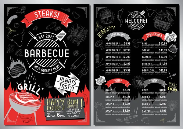 Steakhouse Churrasqueira Modelo Menu Churrasqueira Cartão Bifes Aperitivos Lados Sopas — Vetor de Stock