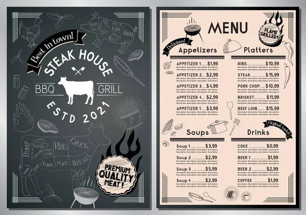 Steakhouse Barbecue Grill Bar Menu Template Card Steaks Appetizers Sides — Stock Vector