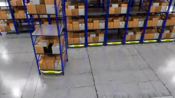 倉庫内のパッケージ付きラック棚の周りを移動する自律型ロボット 人工知能 保管コンセプト 4Kアニメーション 3840X2160 — ストック動画
