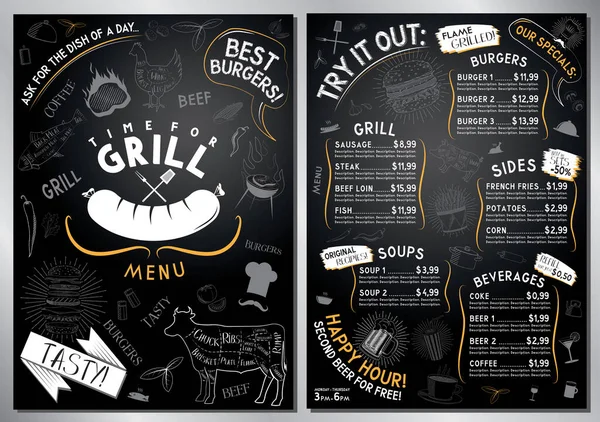 Grill Modèle Menu Barbecue Carte Hamburgers Grill Côtés Soupes Boissons — Image vectorielle