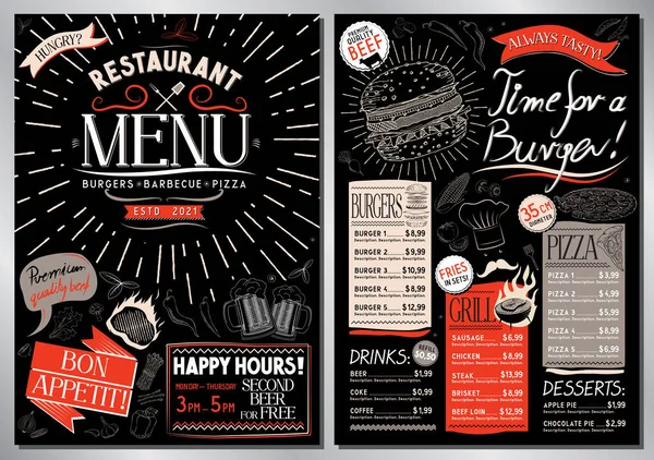 Grill Restaurant Menu Template Card Burgers Grill Pizza Drinks Desserts — Stock Vector