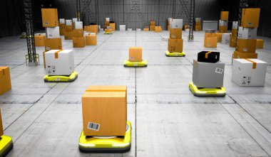 Depoda paketleri taşıyan otonom robotlar - 3D illüstrasyon