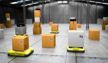 Depoda paketleri taşıyan otonom robotlar - 3D illüstrasyon