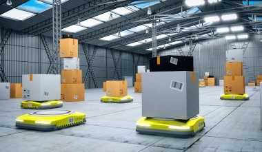 Depoda paketleri taşıyan otonom robotlar - 3D illüstrasyon