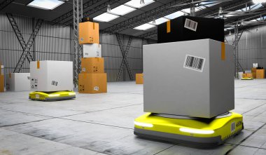 Depoda paketleri taşıyan otonom robotlar - 3D illüstrasyon