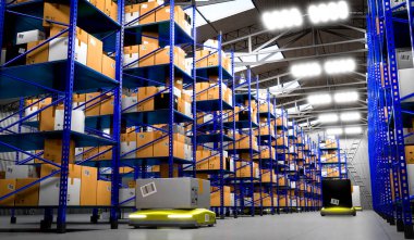 Paketleri, rafları ve robotları olan bir depo - 3 boyutlu illüstrasyon