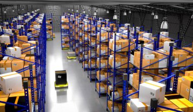 Paketleri, rafları ve robotları olan bir depo - 3 boyutlu illüstrasyon