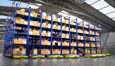 Paketleri, rafları ve robotları olan bir depo - 3 boyutlu illüstrasyon