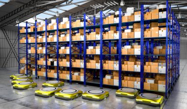 Paketleri, rafları ve robotları olan bir depo - 3 boyutlu illüstrasyon