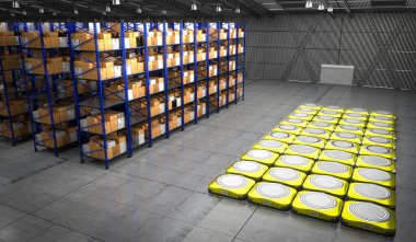 Paketleri, rafları ve robotları olan bir depo - 3 boyutlu illüstrasyon