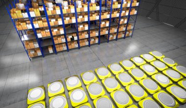 Paketleri, rafları ve robotları olan bir depo - 3 boyutlu illüstrasyon